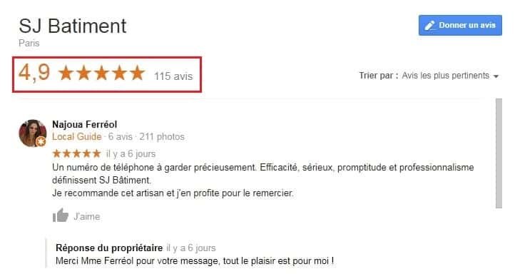 SJ Electricite Avis Clients sur Google